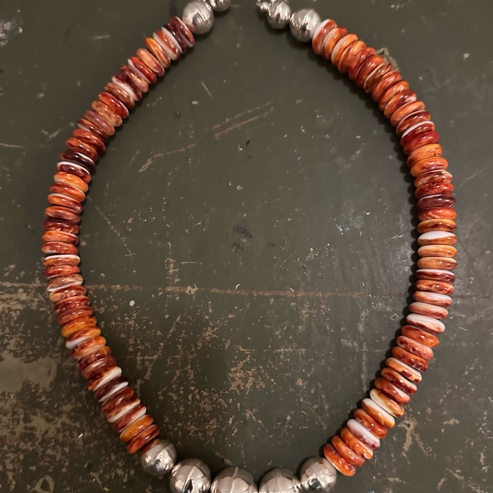 Hand Crafted  “One of a Kind” Red Spiny Oyster & Sterling Silver Necklace - Picture 2 of 3